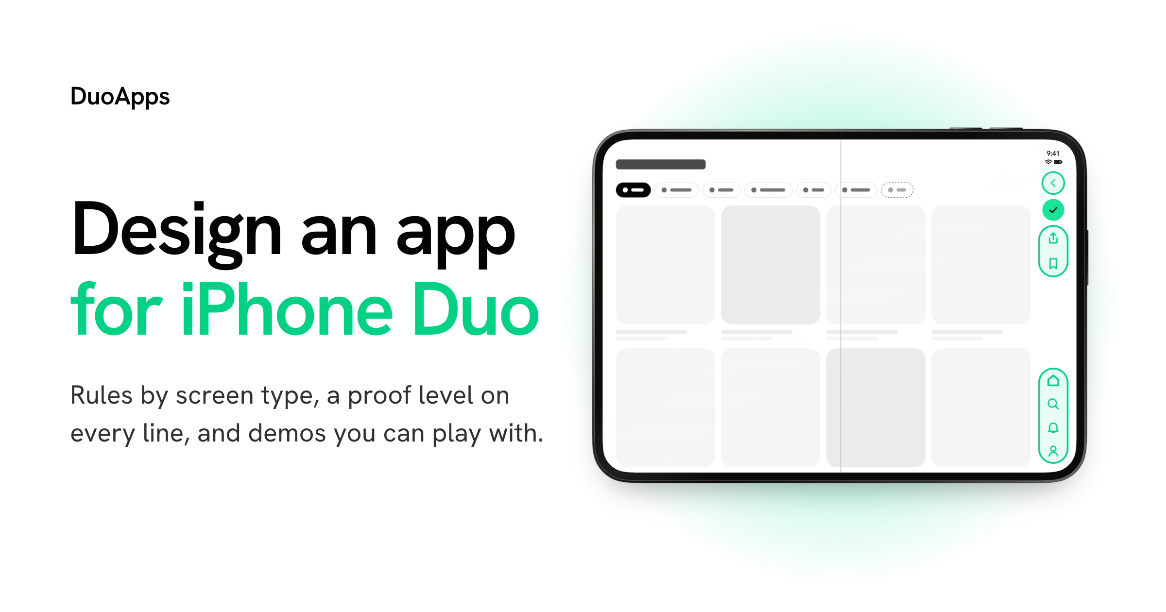 Design an app for iPhone Duo: rules by screen type, a proof level on every line, and demos you can play with. Beside the title, an iPhone Duo held sideways shows a grid of cards with its bars down the right edge.
